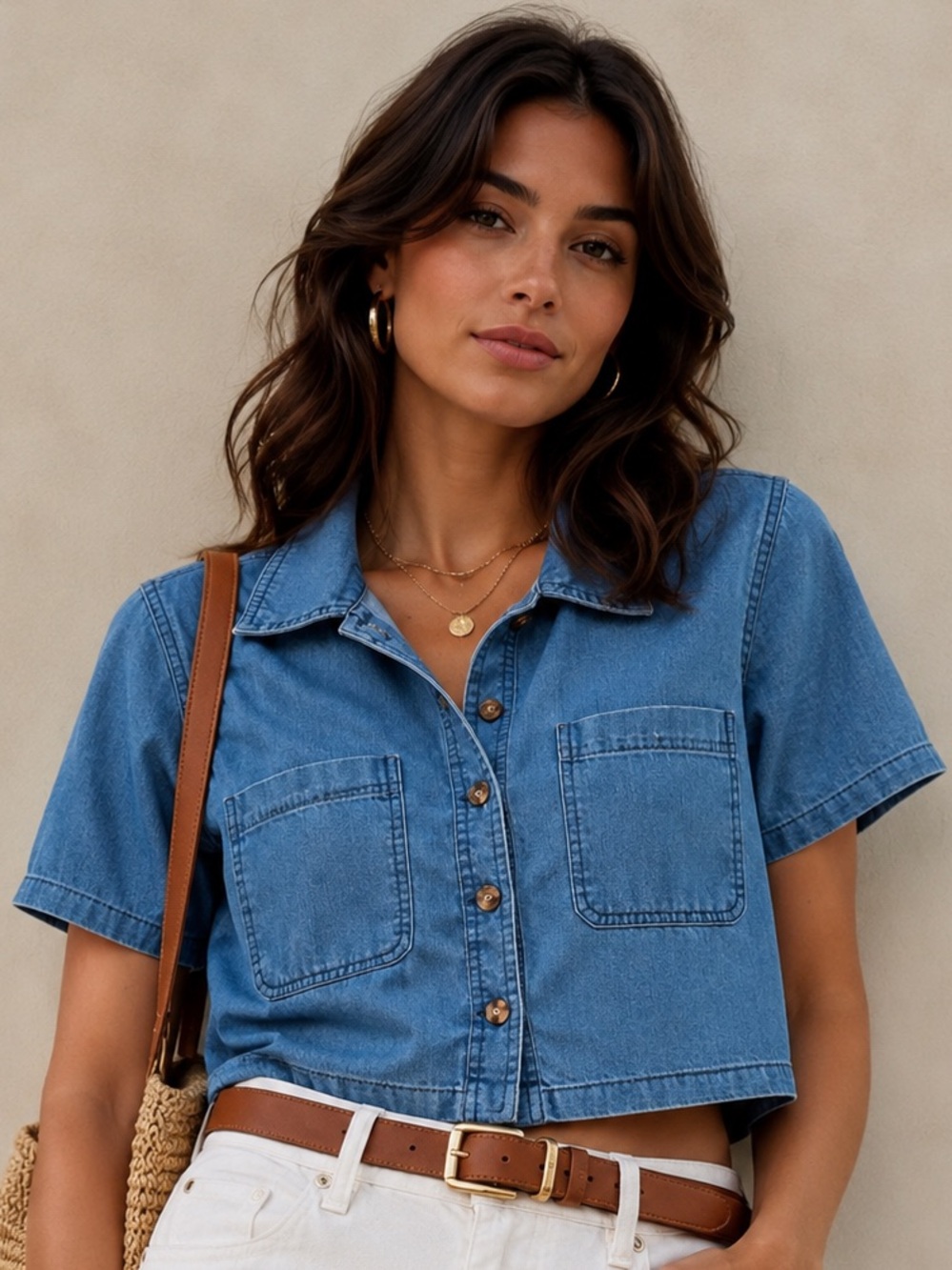 Speed Limit Chambray Button-Front Shirt | Cropped Utility Top (1421)